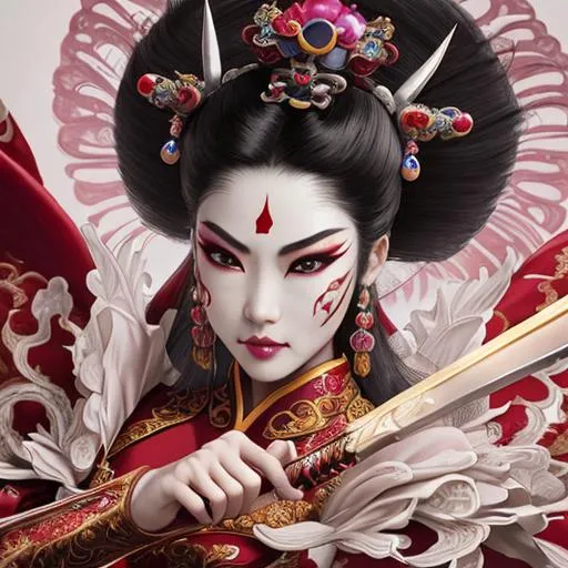 Prompt: photo of a Beijing Opera characters wearing elaborate makeup and full costume, action scene with intense swordplay, in the style of stefan kostic, realistic, sharp focus, symmetric, 8k high definition, insanely detailed, intricate, elegant, art by stanley lau and artgerm, William-Adolphe Bouguereau