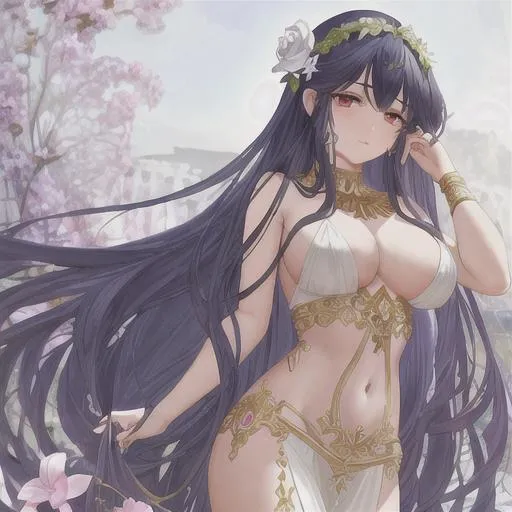Prompt: Persefone wearing a greek chiton, segurando uma flor na mão. Dark long hair. masterpiece of girl’s face and body symmetry! Alphonse mucha 8k resolution concept art 
