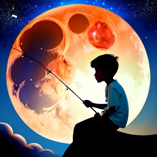 Prompt: A YOUNG BOY SITTING ON A CRESCENT MOON FISHING INTO THE UNIVERSE AS A SHOOTING STAR ZOOMS IN A FIRE BALL TO THE MOON SURFACE