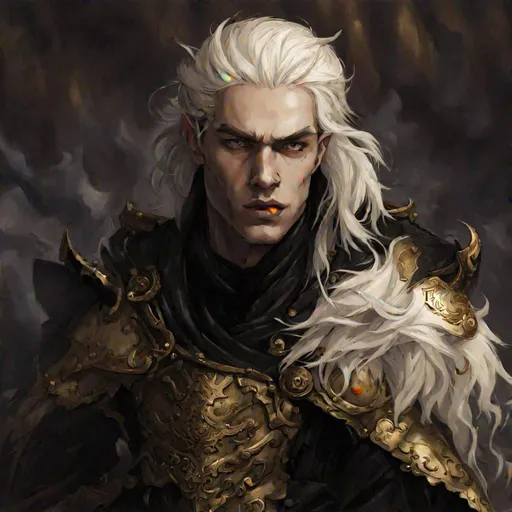 Prompt: male vampire, pale white skin, dusty blonde hair, black eyes, streaks of gold running from eyes, white and black cloak, leather armour, dungeons and dragons theme