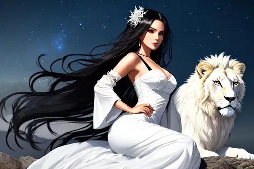 Prompt: portrait of a gorgeous  Evil and  grim-looking  woman  ,black hair ,  lustful  eyes, wearing white slip  ,  sitting on a high hill with a Beautiful  White wild  lion , at night . The wind is blowing her hair and clothes, creating a sense of movement and drama, Pretty girl, perfect anatomy, centered, highly detailed, character sheet, artstation, concept art, smooth, sharp focus, illustration,intricate, elegant, 8K,  unreal engine 