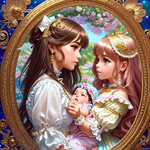 Prompt: portrait of two magical lolita girls playing with each other, hold a magical wonderful extremely detailed baby in your hand, dreamy and ethereal, expressive pose, big gold eyes, exciting expression, fantasy, intricate, elegant, highly detailed, digital painting, artstation, concept art, smooth, sharp focus, illustration, art by artgerm and greg rutkowskiand alphonse mucha., masterpiece

