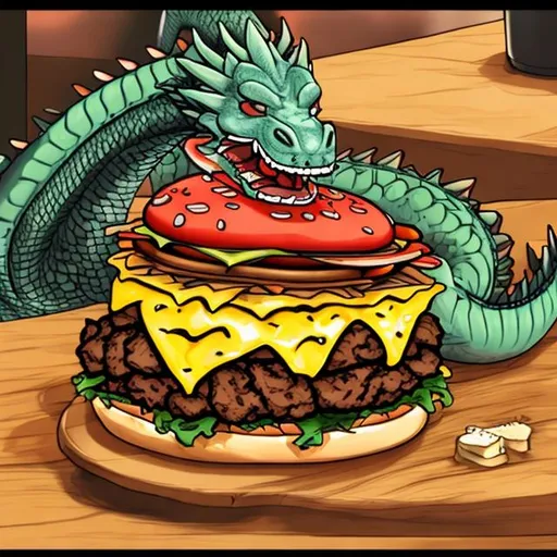 Prompt: Dragon eating burger