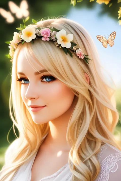 Prompt: cinematic portrait of gorgeous blonde lady(beautiful eyes, detailed face, smiling, seeing straight at camera) wearing flower crown,  clothes with laces, soft light on face, in garden filled with flowers and butterflies, hair tied using ribbon, eye contact, realistic, high contrast, 8k image
