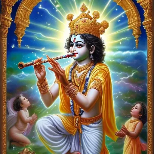 Prompt: Lord Krishna playing flute on one astral plane, energy emanating as a Jesus Christ latter day saints baptism ceremony
 