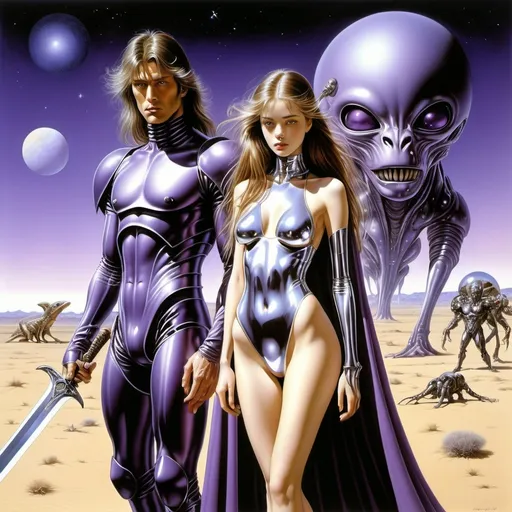 Prompt: Hajime Sorayama, Luis Royo, Surrealism Mysterious strange fantasy. A beautiful girl with long brown hair, a light transparent cape and a perfectly voluminous mirror body stands next to a middle-aged man in a mirrored purple spacesuit holding a sword in his hand.  in the background: a fantastic caravan of alien animals and drivers walking through a sandy desert in another world. dark purple light, bright stars. very detailed