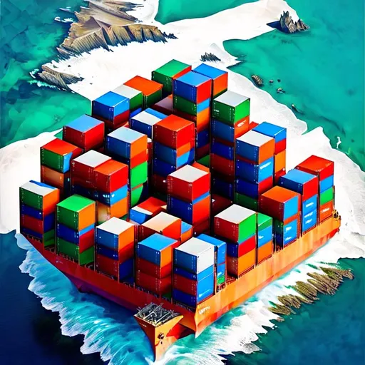 Prompt: An aerial view of several 40ft high cube open side with 4 doors containers stacked up in transit on a large cargo ship, lit by bright sunlight reflecting off the ocean surface below them. The image should have crisp details that convey both power and stability, while giving viewers an appreciation for the global reach and reach of ADR8 USA's services.