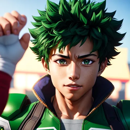 Prompt: Izuku Midoriya, Highly Detailed, Hyperrealistic, sharp focus, Professional, UHD, HDR, 8K, Render, HD, Trending on ArtStation, outdoor, close up, 