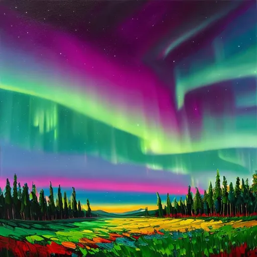 Prompt: landscape, nighttime, clouds, colorful aurora in the night sky, oil on canvas, abtract, Bob Ross, highly detailed, brushstrokes, thick paint, tonemapping, pantone, green color palette. 