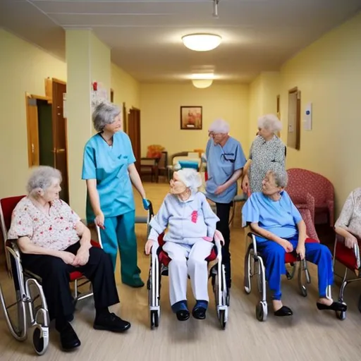 Prompt: nursing home with residents and staff