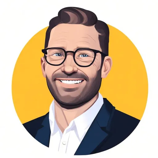 Prompt: illustration of a 35 years old scandinavian smiling man wearing a black blazer AND white shirt and tie, glasses