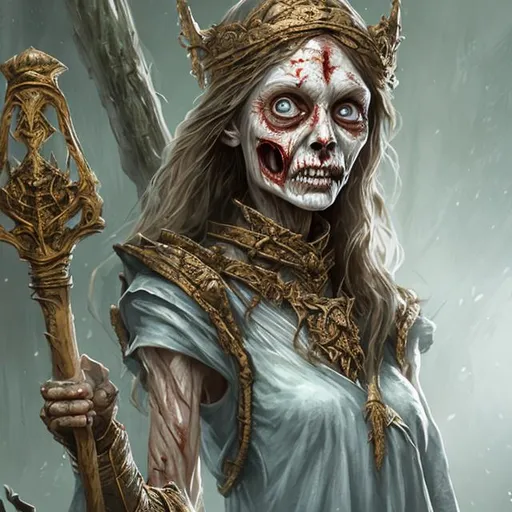 Prompt: Full body splash art of a sweet, youthful, female undead zombie sorceress, mummified face, blue eyes, very long dark blonde hair with thin curtain bangs, skinny, wearing long pastel colored dress, carrying a wooden staff, D&D, dnd, fantasy, highly detailed, sharp focus, digital painting, artstation, 4k, 8k