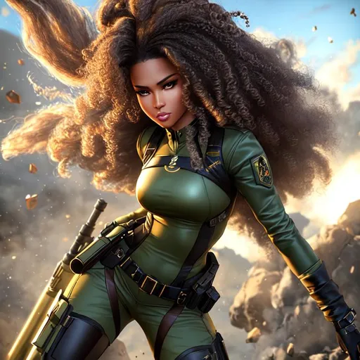 Prompt: Sniper wolf stylized, UHD, hd , 8k, 3d rendered , Very detailed, panned out view with whole character in from, , oil painted, long hair with tight  afro curls, Chocolate skinned female  celestial being character, poses in action stance, echoing movements , magic light following her movements, HD, 3D rendered, Hair caught in aggressive breeze infused with electricity and lightening, curling tightly, scaly shiny leather kimono Mistress  styled dress, Gritty Fantasy character, sharp expressive facial features, Defiant smirk, hand near face, 