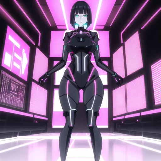 Prompt: a lonely AI girl, very tall, thick thighs, wide hips, long legs, slender waist, big beautiful symmetrical eyes, intriguingly beautiful face, aloof expression, bob haircut with bangs, wearing neon-bubblegum High-Porno Noveau fashion clothes, 12K resolution, hyper quality, hyper-detailed, depth of field