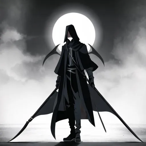 Prompt: tall cloaked figure holding a scythe 