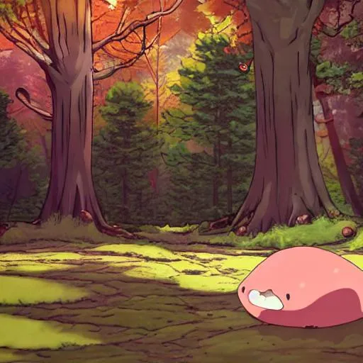 Prompt: Calm picture of cute blob in a forest 2d anime