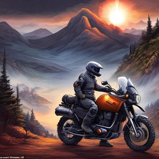 Prompt: an adventure motorcycle on a long road with a mountain in the background during an eclipse and twilight, drawing style, dark bacground