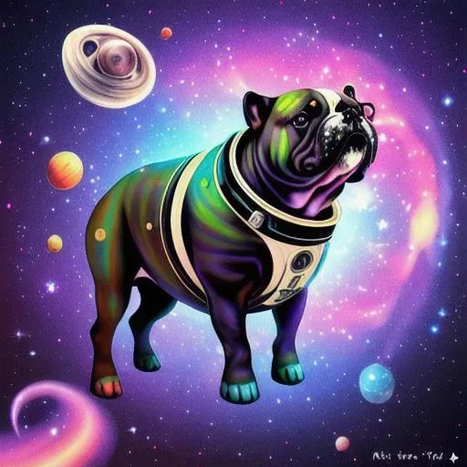 Prompt: cosmic Bull dog, Trip through space