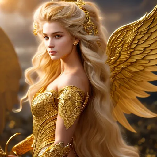 Prompt: Full-length concept, Beautiful Woman in golden detailed armor, Golden Wings, Heaven in background, Golden wings, beautiful flowing blonde hair, (8k), painted by Michael angelo