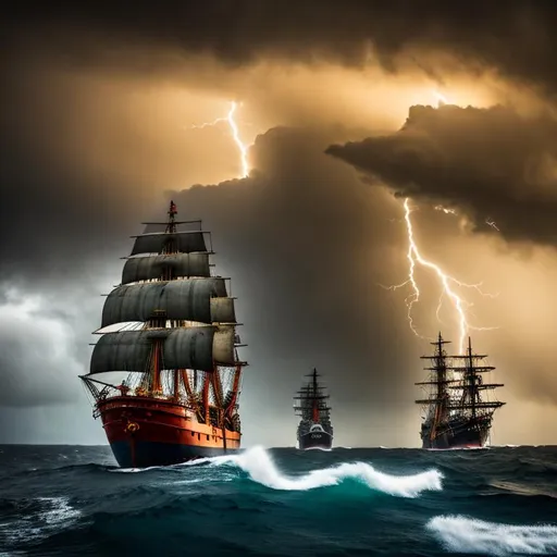 Prompt: Cape Horn in extremely stormy weather with only one gigantic size beautiful 18th century merchant ship, no other ships, volcanic green island in the background, lightning, iceberg, sparkling sunlight, photorealistic lifelike waves, super detailed