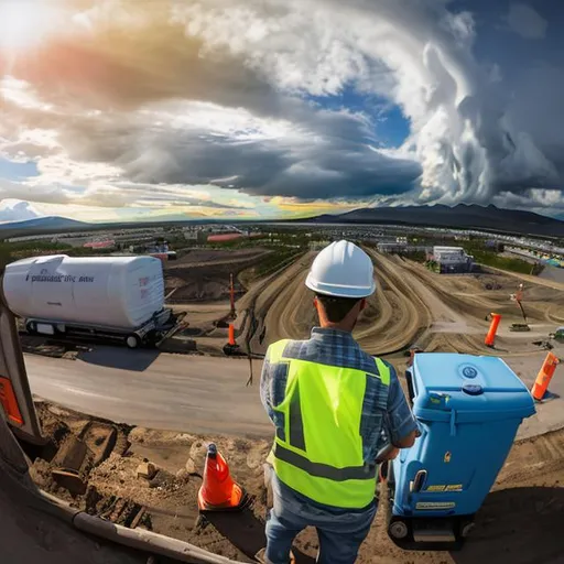 Prompt: Long shot scenic professional photograph of a portable sanitation technician wearing a hard hat and high visibility vest with a suction truck on a construction project site servicing porta johns, perfect viewpoint, highly detailed, wide-angle lens, hyper realistic, with dramatic sky, polarizing filter, natural lighting, vivid colors, everything in sharp focus, HDR, UHD, 64K