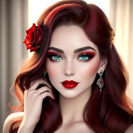 Prompt: Beauty, Beautiful and Gorgeous red roses in hair, green eyes,pretty makeup,  red lipstick, facial closeup
