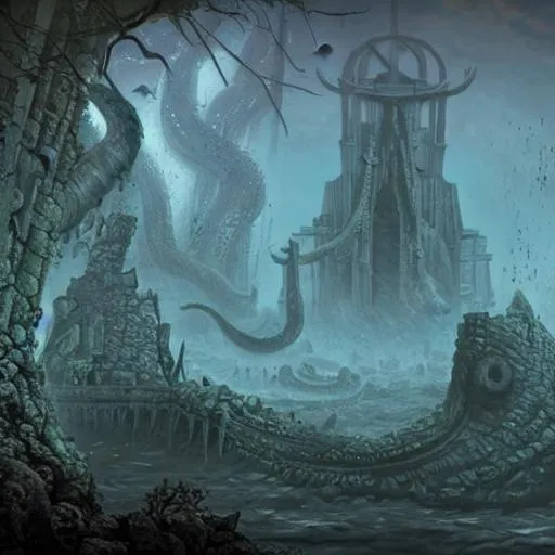 Prompt: R'lyeh sunken city 
gloom and dread ruins realistic
