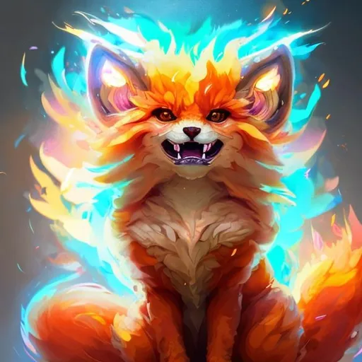 Prompt: cute fluffy fiery vulpix, rainbow colours, sparkling eyes, embers in her eyes, shining eyes, sharp features, lightning, highly detailed, digital painting, artstation, concept art, smooth, sharp focus, beautiful fur, expressive eyes, illustration, art by Artgerm and greg rutkowski and alphonse mucha