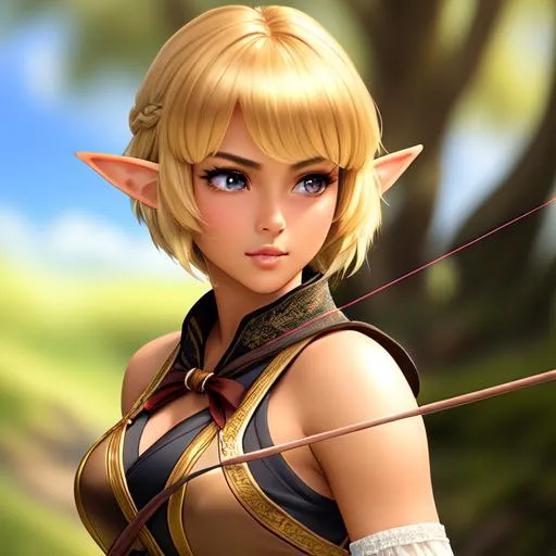 Prompt: {{{{highest quality concept art masterpiece}}}} oil painting, fantasy {{visible textured brush strokes}}, Full Body hyperrealistic intricate perfect full body of tanned attractive cute gorgeous beautiful stunning feminine 20 years old anime like elf girl archer readying her bow, {{hyperrealistic intricate perfect bangs and short pixie cut, dirty blonde beautiful hair}} and {{hyperrealistic perfect clear blue eyes}} and hyperrealistic intricate perfect seductive attractive cute gorgeous beautiful stunning feminine face wearing {{hyperrealistic intricate green leather armor}} soft skin and light blue blush cheeks and scary sadistic mad, face perfect anatomy, perfect composition approaching perfection, hyperrealistic intricate, standing in front of a waterfall, anime vibes, fantasy, cinematic volumetric dramatic dramatic studio 3d glamour lighting, backlit backlight, 128k UHD HDR HD, professional long shot photography, unreal engine octane render trending on artstation, triadic colors, sharp focus, occlusion, centered, symmetry, ultimate, shadows, highlights, contrast, 