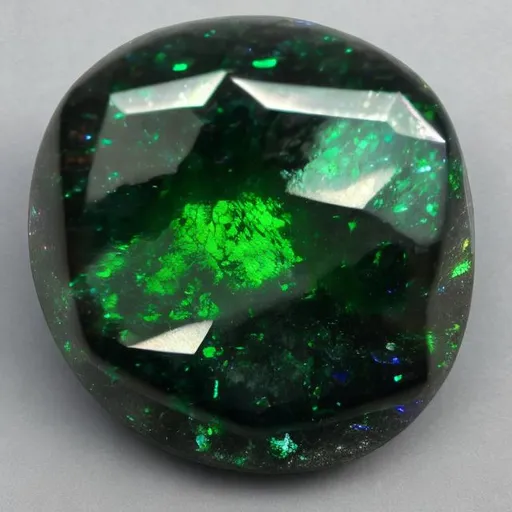 Prompt: Black Iridescent Stone with a green glint, dungeons and dragons item