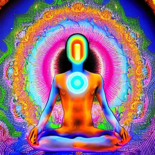 Prompt: chakra map human figure, human figure meditating at Florida bus stop, theme park in the background, psychedelic art, 4K resolution, full frontal symmetry, fish-eye lens 