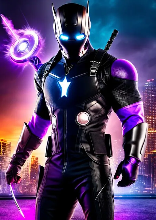 Prompt: High-resolution hyperrealistic photo of avengers hawkeye merged with villain bullseye, black and purple costume, uhd, hdr, 64k