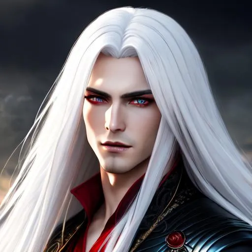 Prompt: {{{{the highest quality concept art masterpiece}}}} ((male vampire)) with red eyes and long white hair, digital drawing oil painting with {{visible textured brush strokes}}, 128k UHD HDR, hyperrealistic intricate perfect full body image of flirtatious seductive gorgeous stunning handsome "The phoenix king", realistic, cinematic, intricate and hyperdetailed, fantasy art, album cover art, 3D soft lighting, features, fire