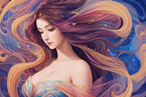 Prompt: "A beautiful woman in a romanticist painting style, with a swirling background and delicate facial features. Her hair flows gracefully around her face, and she's dressed in a flowing gown that accentuates her curves. The background is filled with swirling colors and abstract patterns, and the overall tone is one of dreaminess and romance. High resolution scan