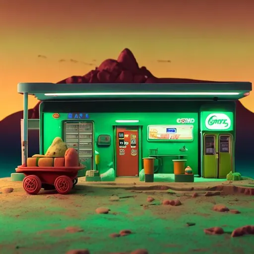 Prompt: retro gas station on mars + green wagon  + night sky + claymation