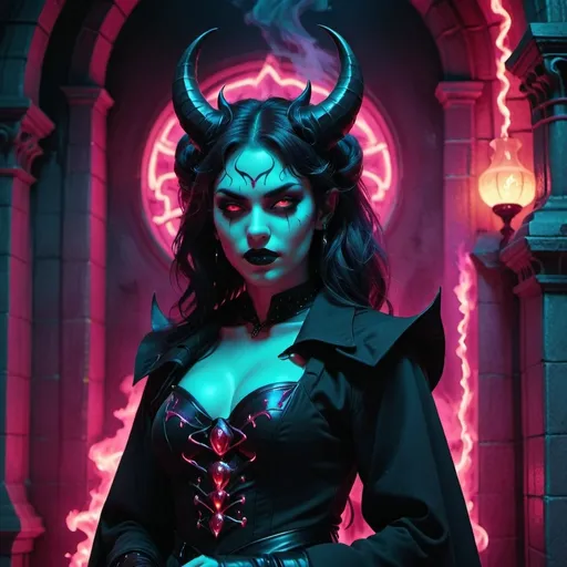 Prompt: beautiful female demon, hell, demonic, gothic, vaporwave, retro, neon, aesthetic, liminal, high quality, high definition, beautiful, dramatic lighting