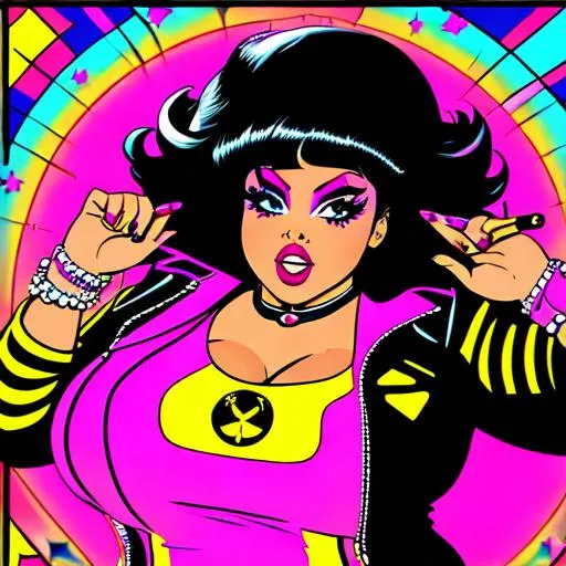 Prompt: Retro punk rock plus size black girl 70's vibe trippy comic style pop art goth punk fashion confident 
