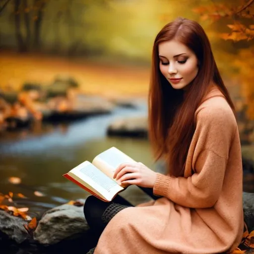 Prompt: Beautiful woman next to a stream reading a book, warm colors