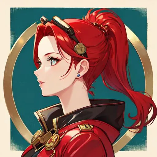 Prompt: Haley with bright red hair pulled back, side profile, wearing a heart locket, steampunk, wearing goggles on her head