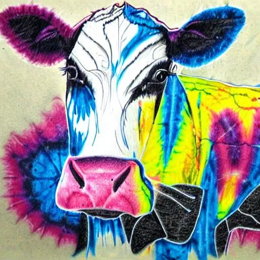 Prompt: a tie-dyed patterned dairy cow pencil drawing


