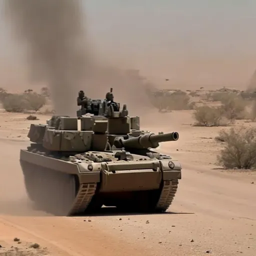 Prompt: an tank rampage and the tank getting khased by an humvee and the roads is desert
