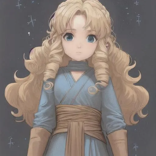 Prompt: blonde curly hair jedi girl from star wars