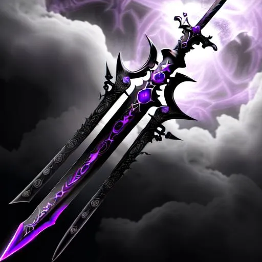 Prompt: Medieval, black sword,gray asthethic ,HD 3D 4K, purple fog background, menacing, dark tone, evil tone,  double handed sword with red highlights and engravings, demonlike, demonlike 