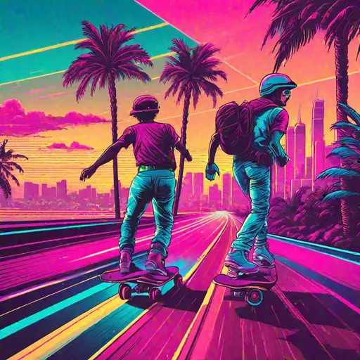 Prompt: retro 80s art, 2 men rollerblading down a highway with palm trees on the side of the road, retro art, synthwave, city view in the background, highly detailed