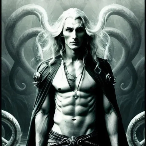 Prompt: A depressed creepy scrawny elven man LOTR with swirling white hair, tribal, bones, creepy,  giant hair, hair tentacles