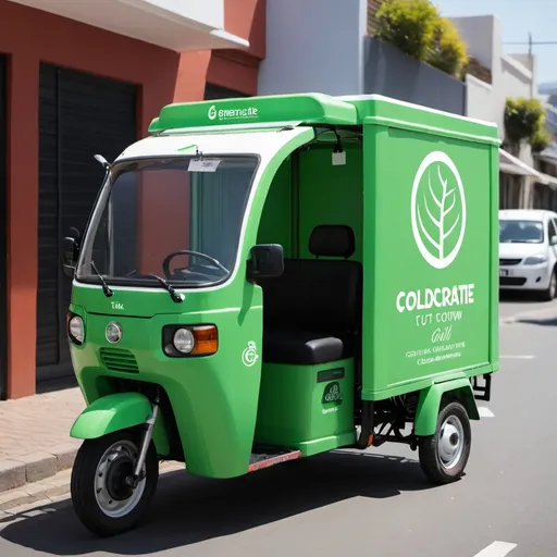 Prompt: GreenCrate will offer a new service called ColdCrate which will be a cold chain delivery service that will be offered to businesses utilizing modified ATUL GEM delivery Tuk Tuks. Create an image that illustrates this future service in Cape Town.
