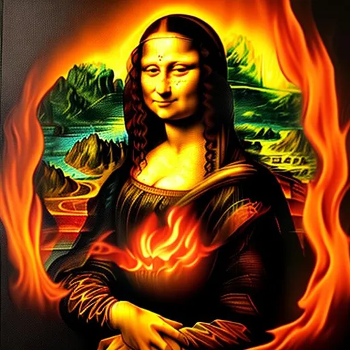 Prompt: Painting of Mona Lisa burning up in flames