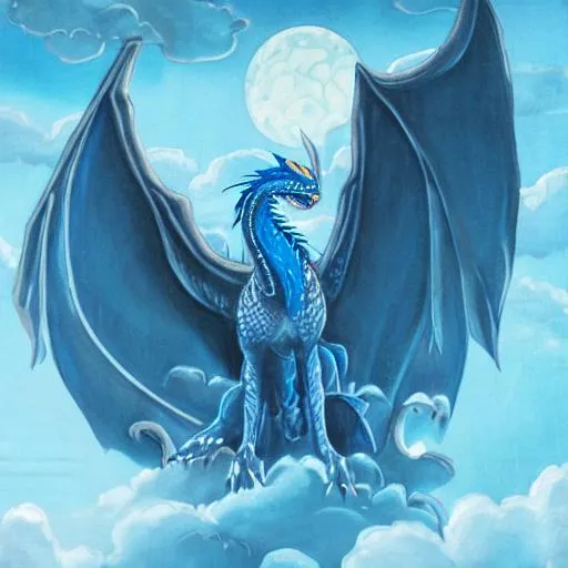 Prompt: blue dragon portrait, huge wings, full moon, blue mist, ocean background scene