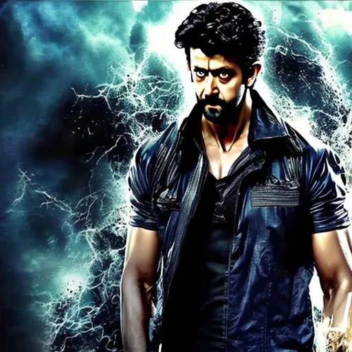 Prompt: Hrithik hero and villain with emotional and evil look to save and destroy the world with Krish 4 movie