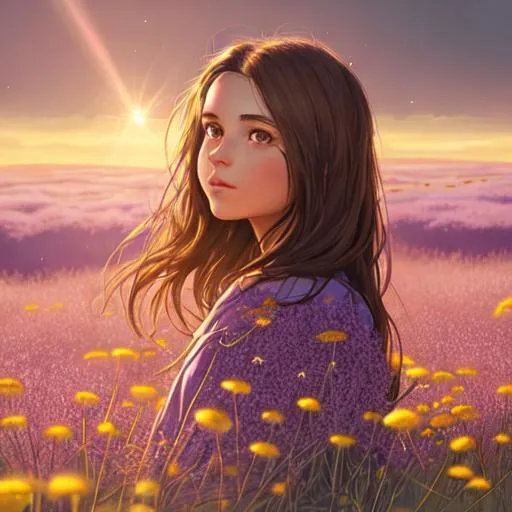 Prompt: A super detailed portrait of a sun kissed girl with dark brown hair sitting in a sun lit field of heather surrounded by floating dandelions